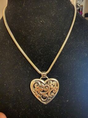Vintage Brighton Scroll Heart Pendant w/ Snake Chain & B Heart Charm 15"